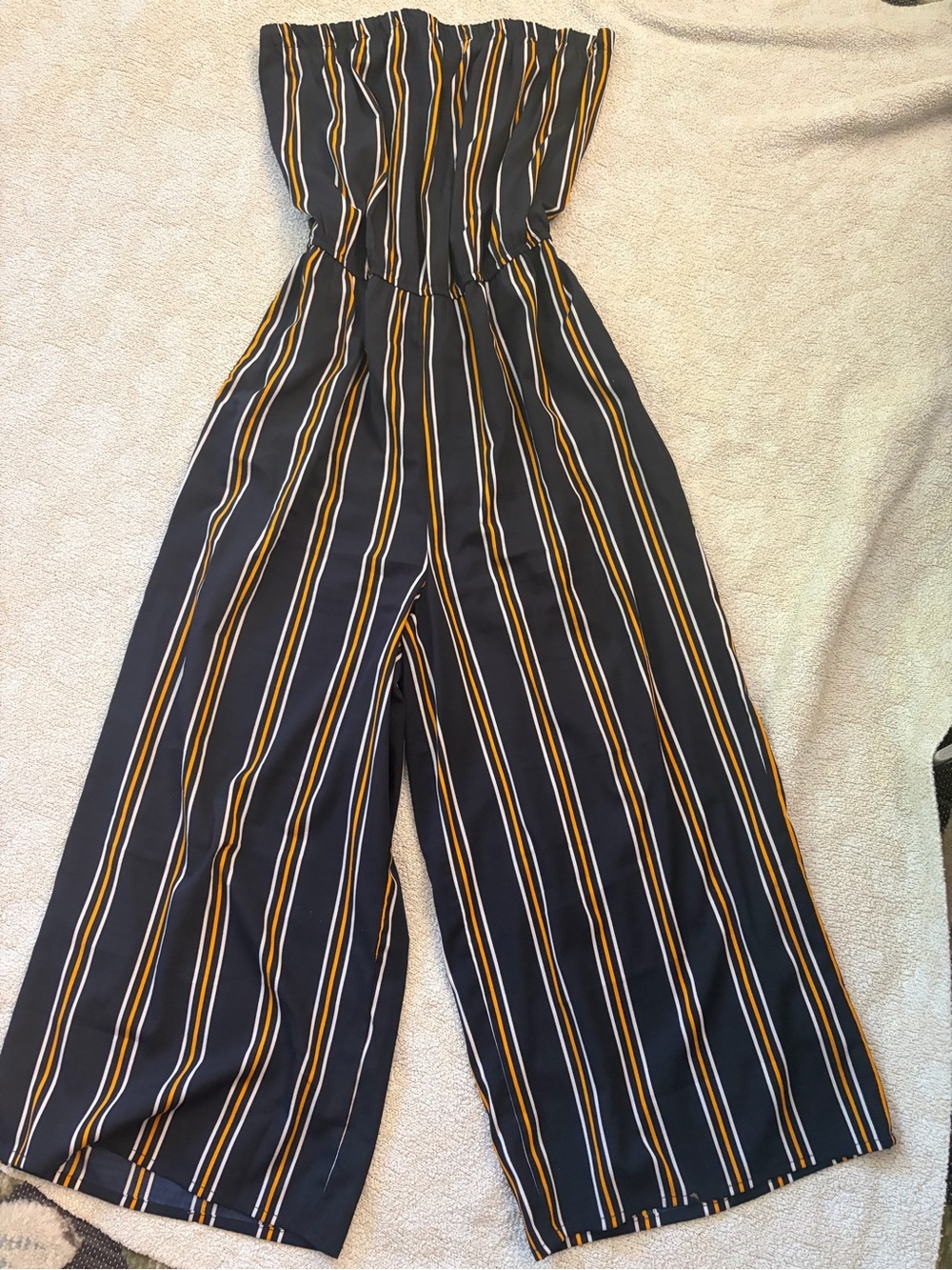 Striped Navy Strapless Wide-Leg Jumpsuit